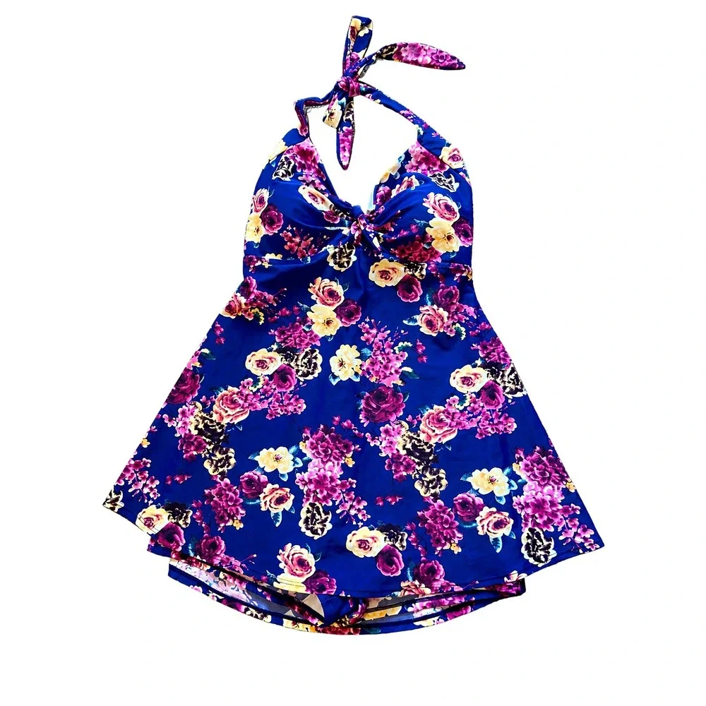 Cocoship NWT Purple & Pink Floral Halter Swimdress Swimsuit Womens Plus Size 3XL